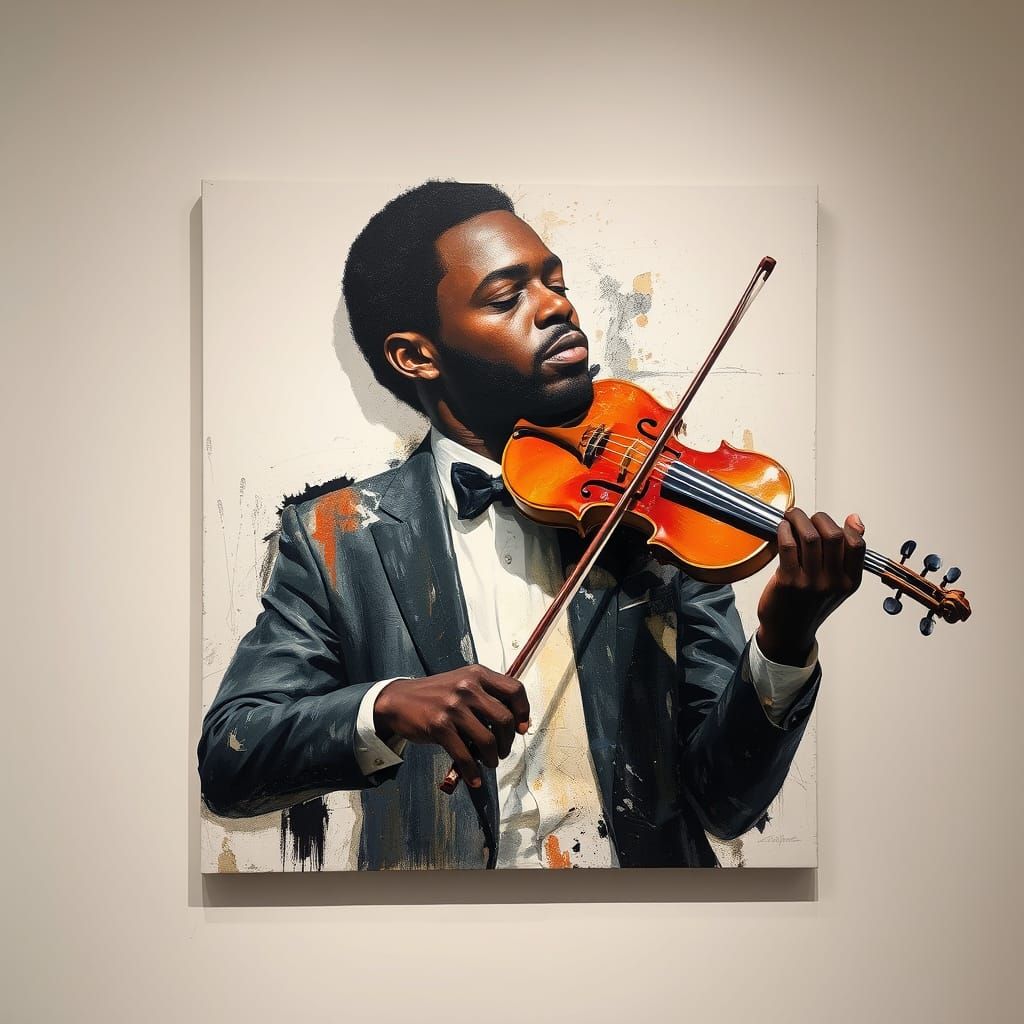 Man Plays Violin in Mixed-Media Painting
