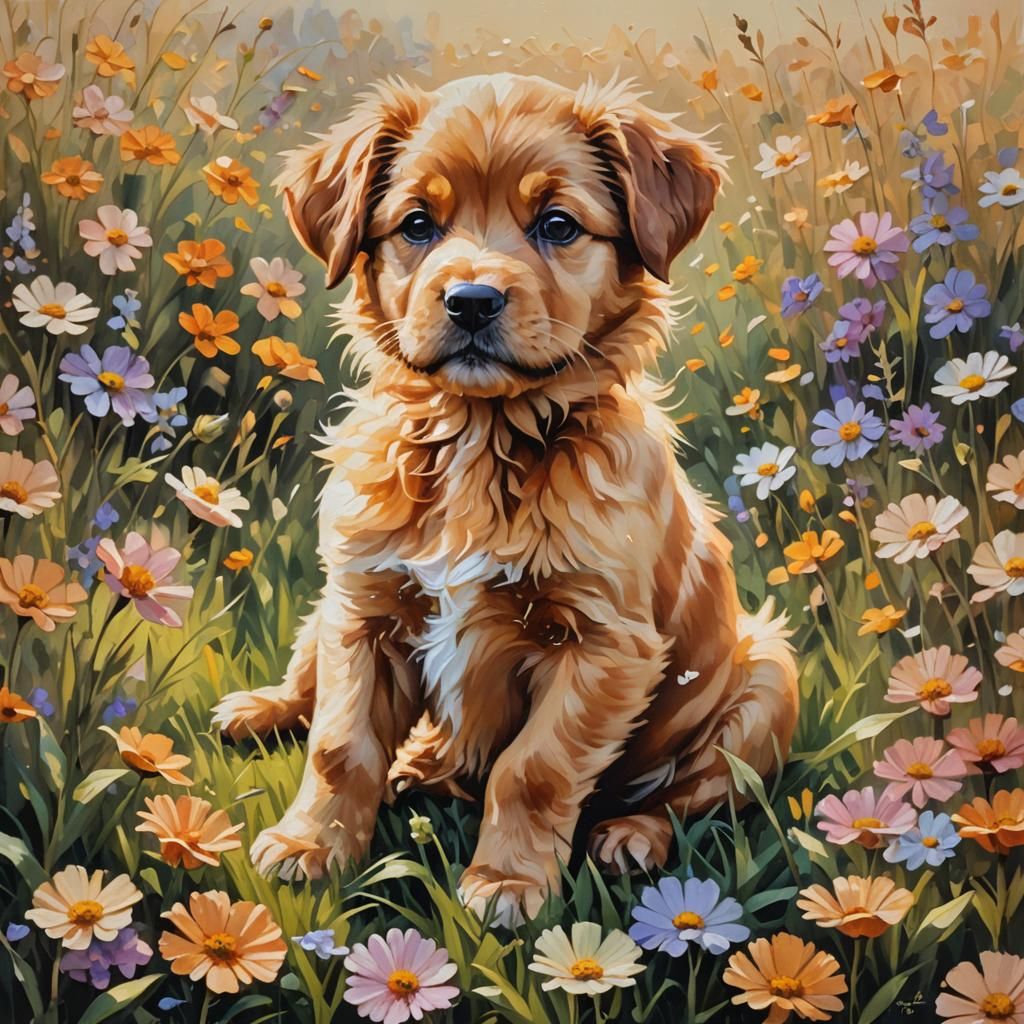 Caramel Puppy in Flower Field: Impressionist Oil Painting