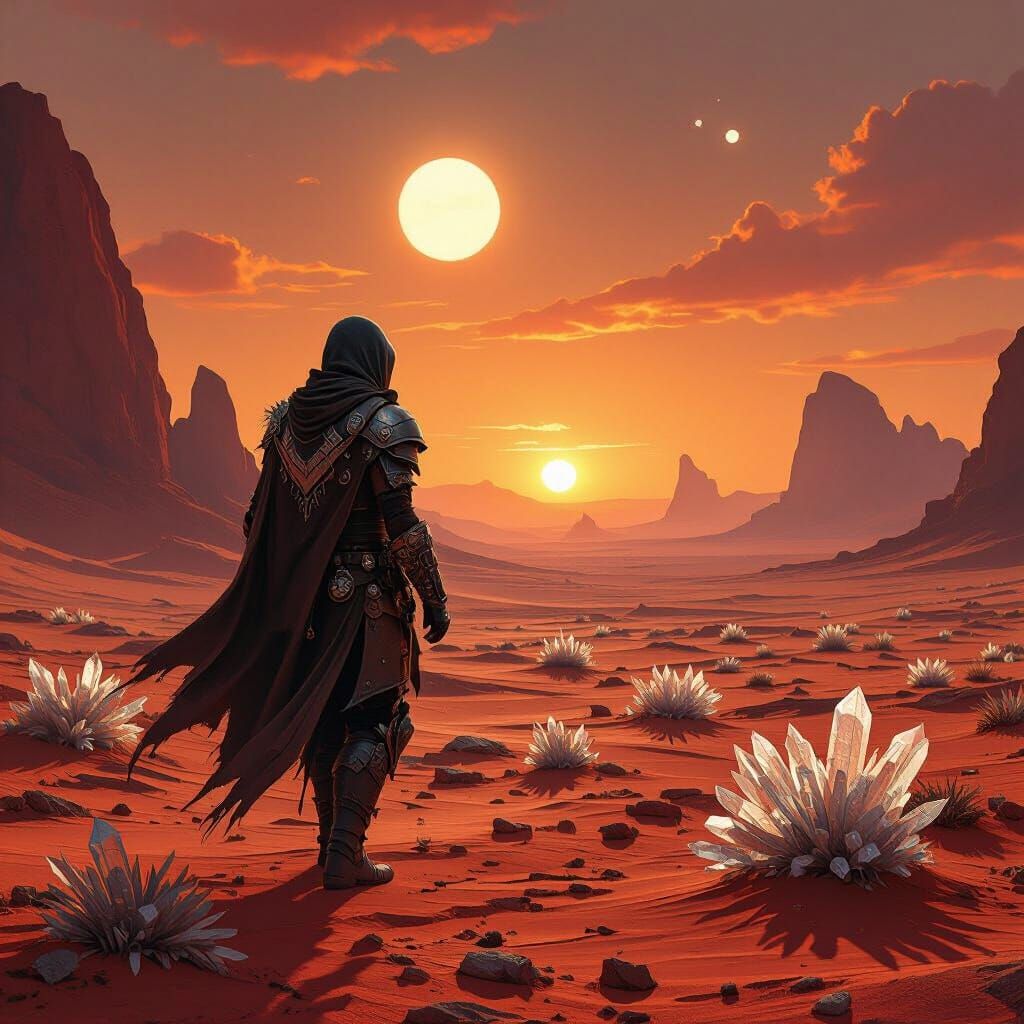 Nomad on Crimson Desert Planet Under Binary Sunset
