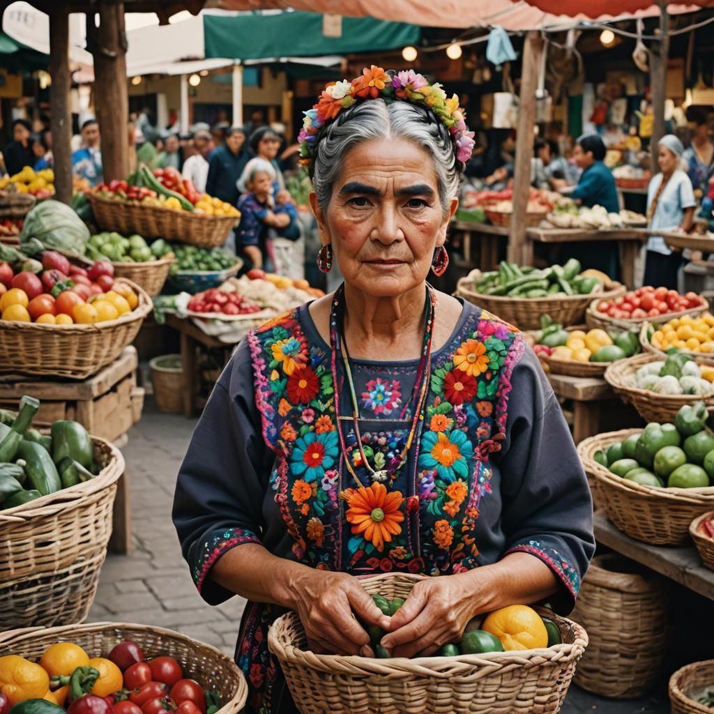 Mexican Woman at Market: Frida Kahlo Style