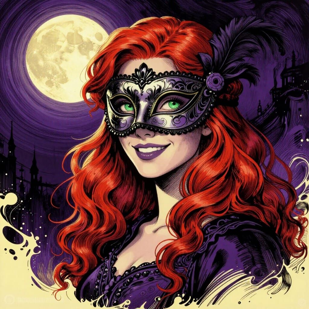 Red Haired Woman in Masquerade Mask Under Moonlight