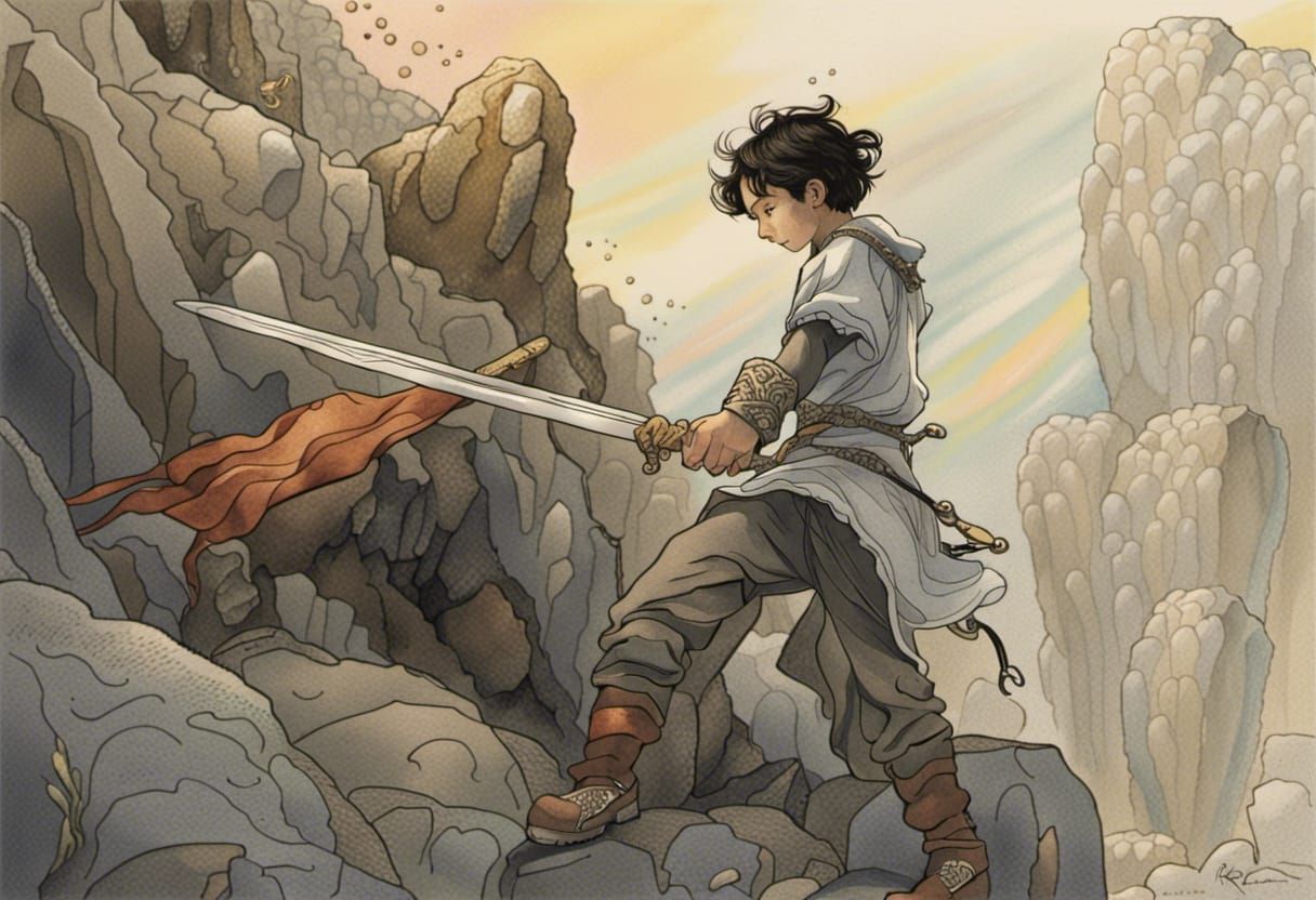 Boy Pulling Sword from Stone: Watercolor Ink Art