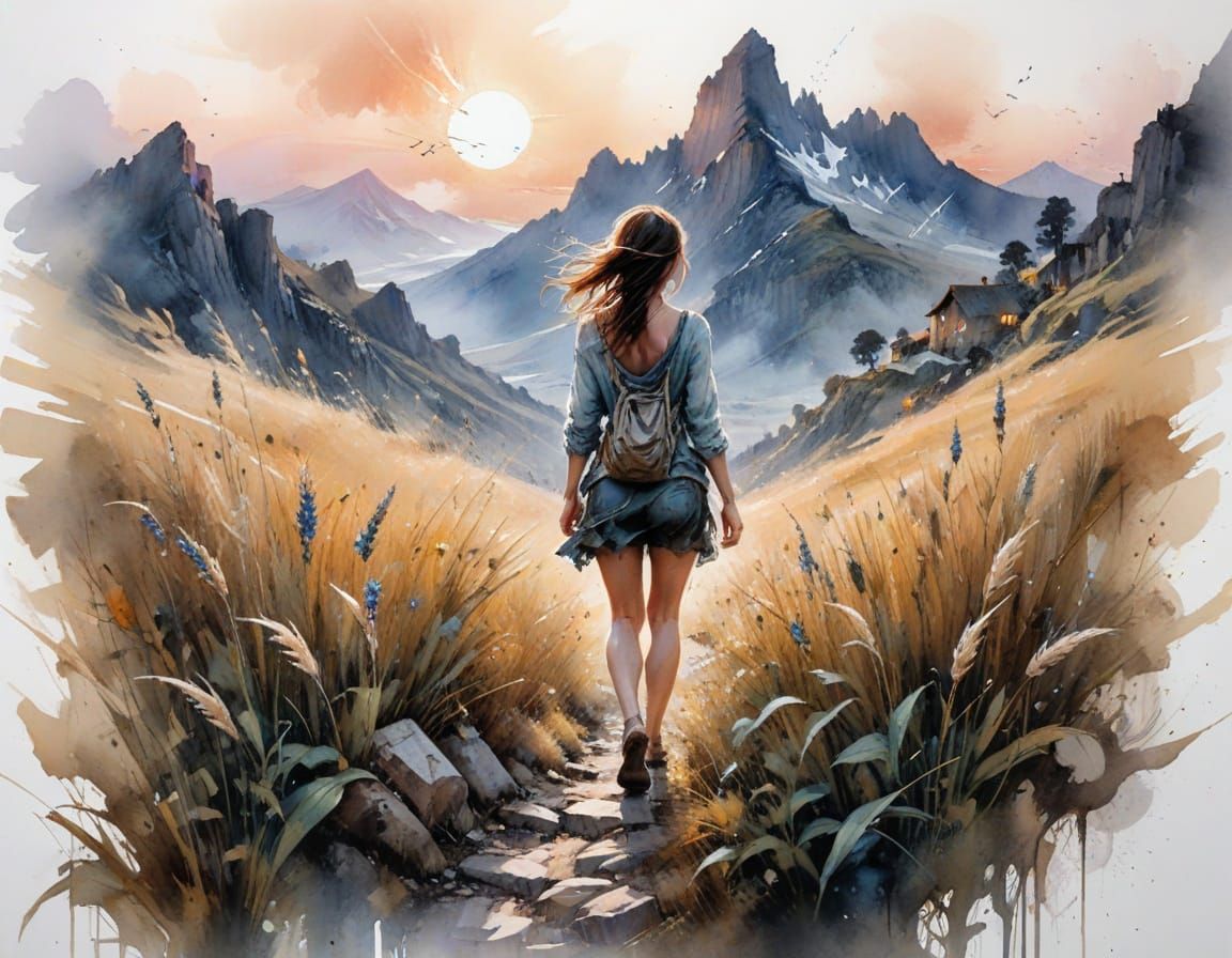 Mountain Trail at Twilight: Stylized Watercolor Painting