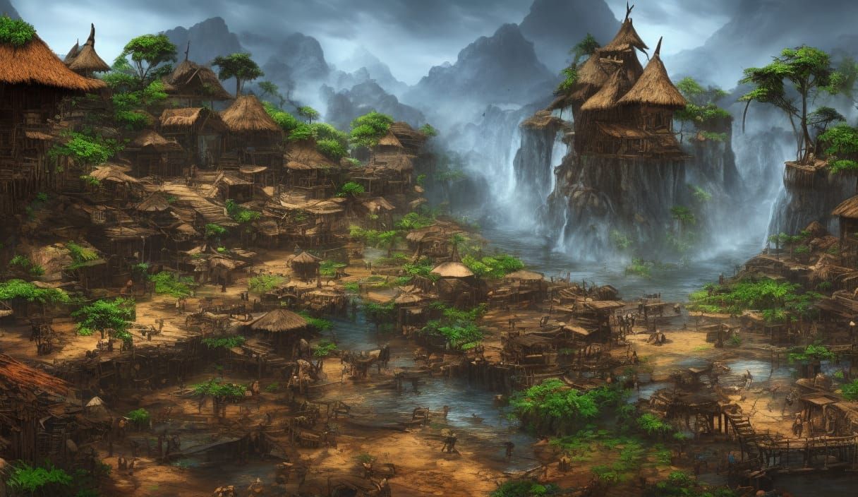African Village Concept Art in Detailed Matte Style
