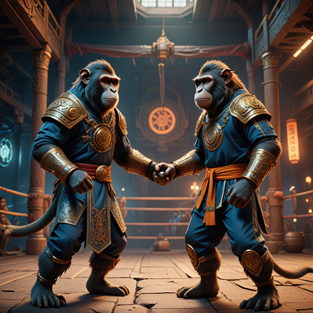 Fantastical Boxing Match Between Two Large Monkeys in a Vibr...
