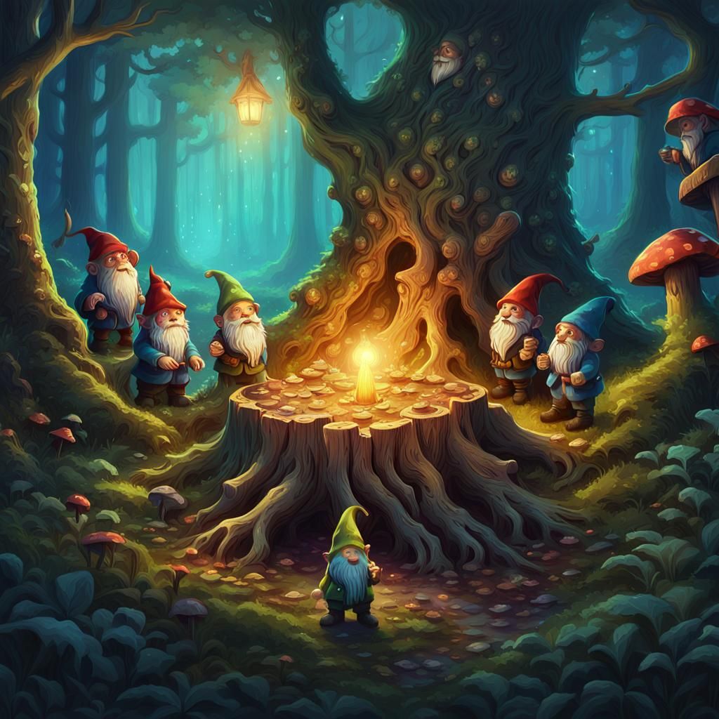Gnomes Gather at Ancient Tree Stump, Fantasy Art
