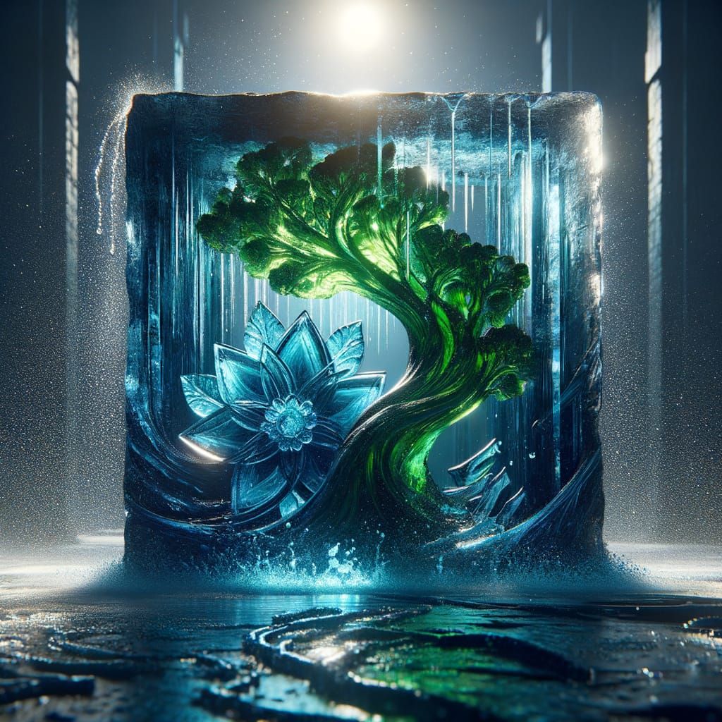 Melting Ice Sculpture with Tree and Flower