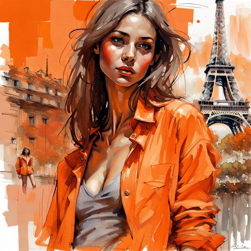 French Girl Portrait in Orange Color Palette