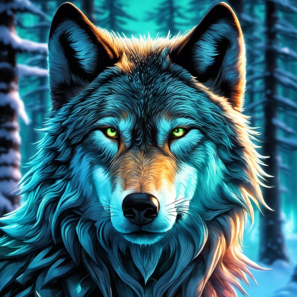Hyperrealistic Neon Metallic Wolf in Snowy Forest