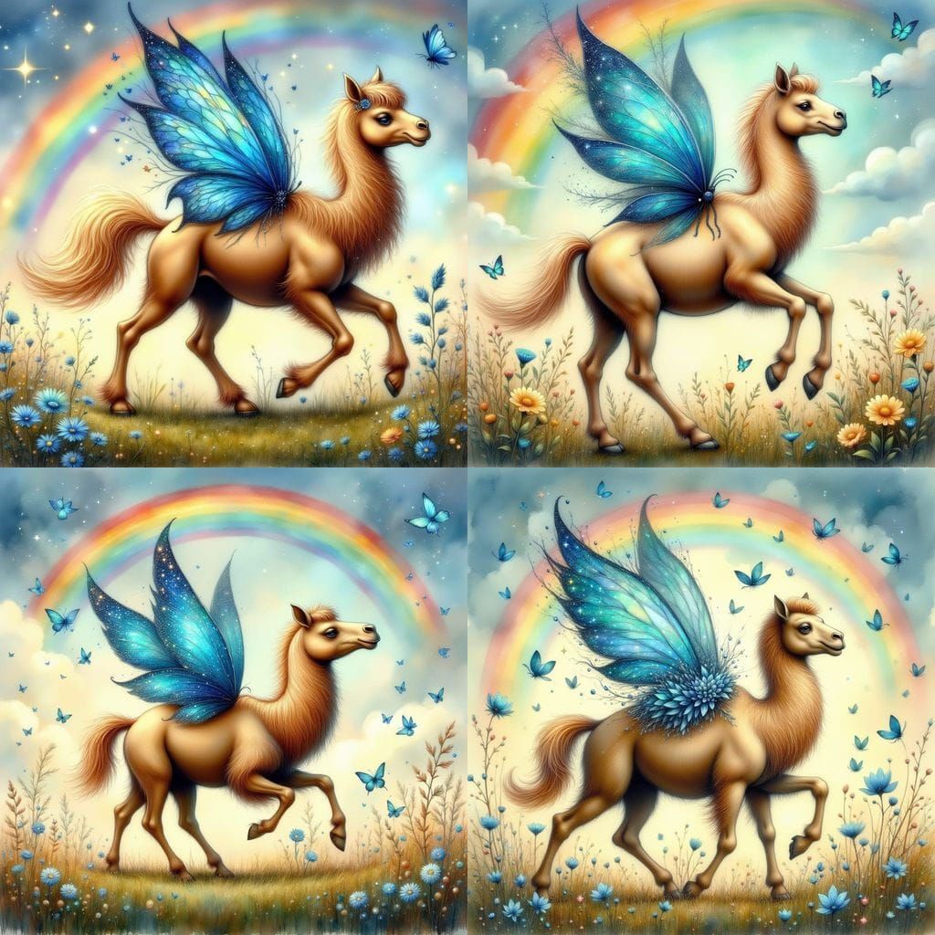 Whimsical Camel Fairy Gallops Under Rainbow in Sunny Meadow