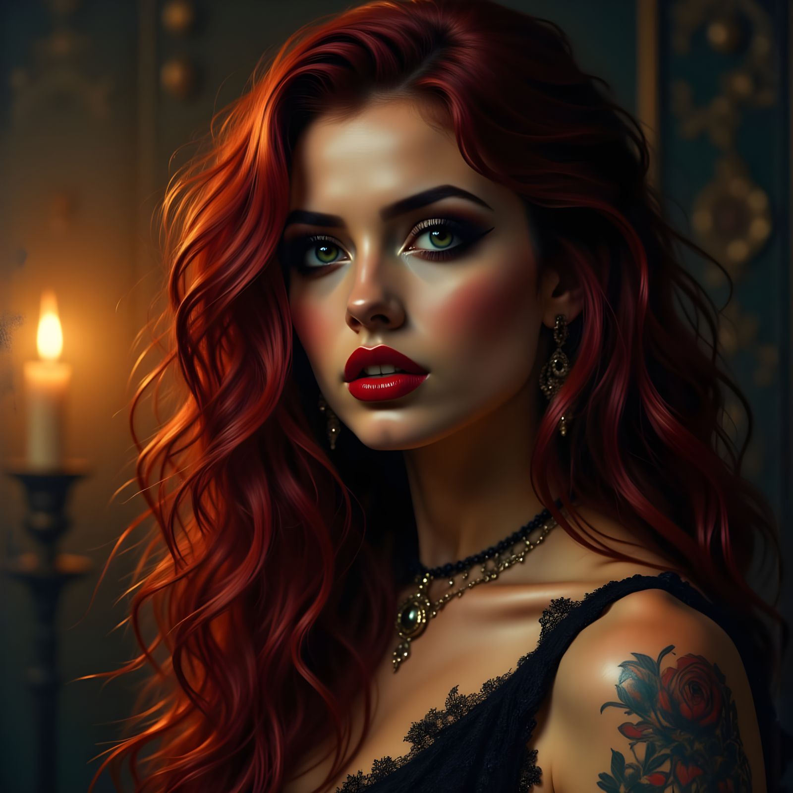 Gothic Beauty with Red Hair in Golden Hour Glow