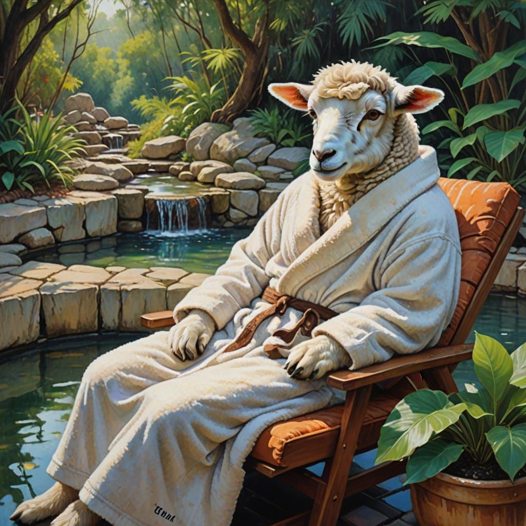 Cute Lamb Relaxing at Spa in Mixed Media Design