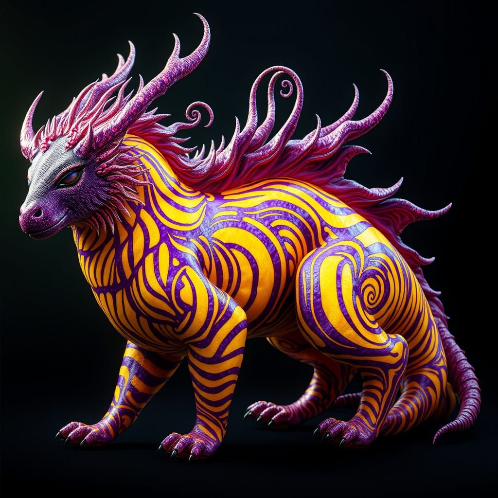 Majestic, Purple-Striped Creature in Dark Fantasy Setting
