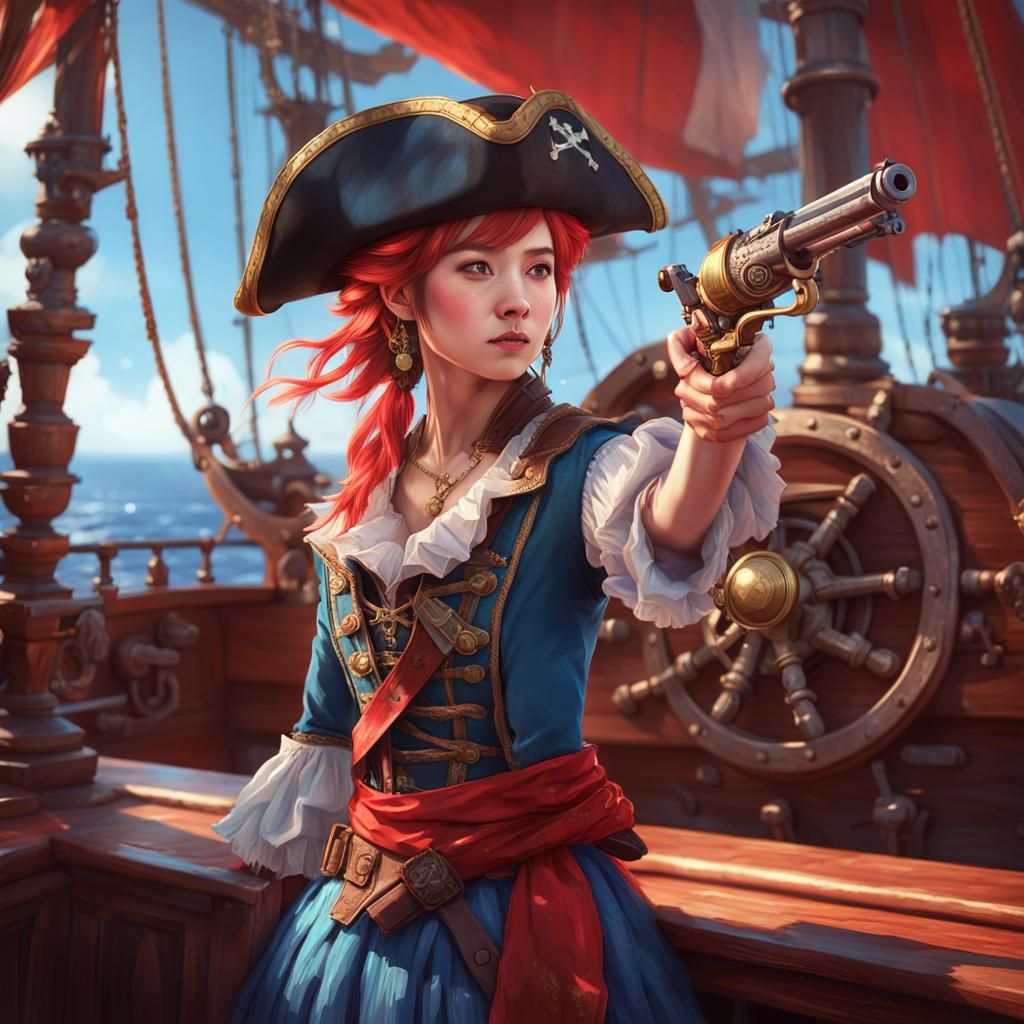 Pirate Queen With Red Hair Fires Pistol