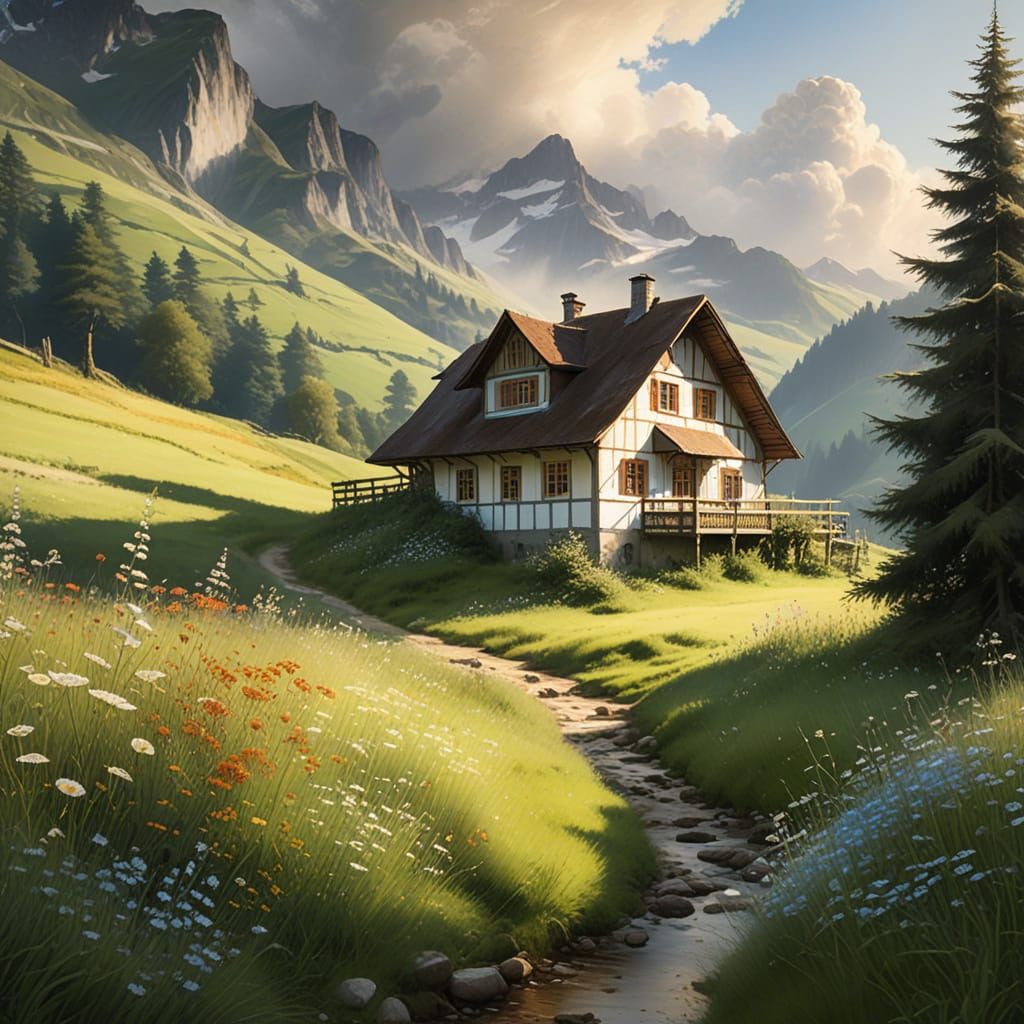 Serene Swiss Chalet Amidst Lush Hills and Wildflowers
