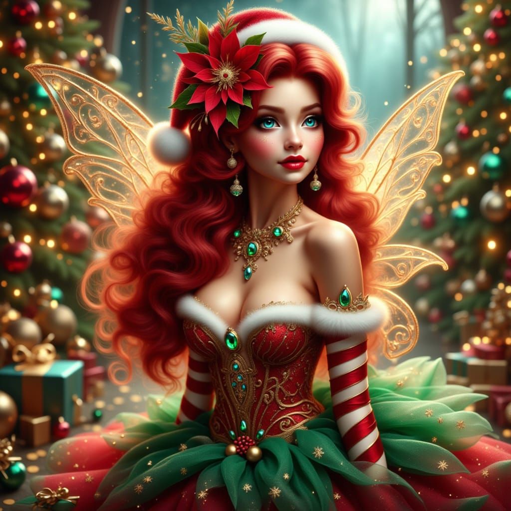 Christmas Fairy Portrait with Red Gown and Golden Wings