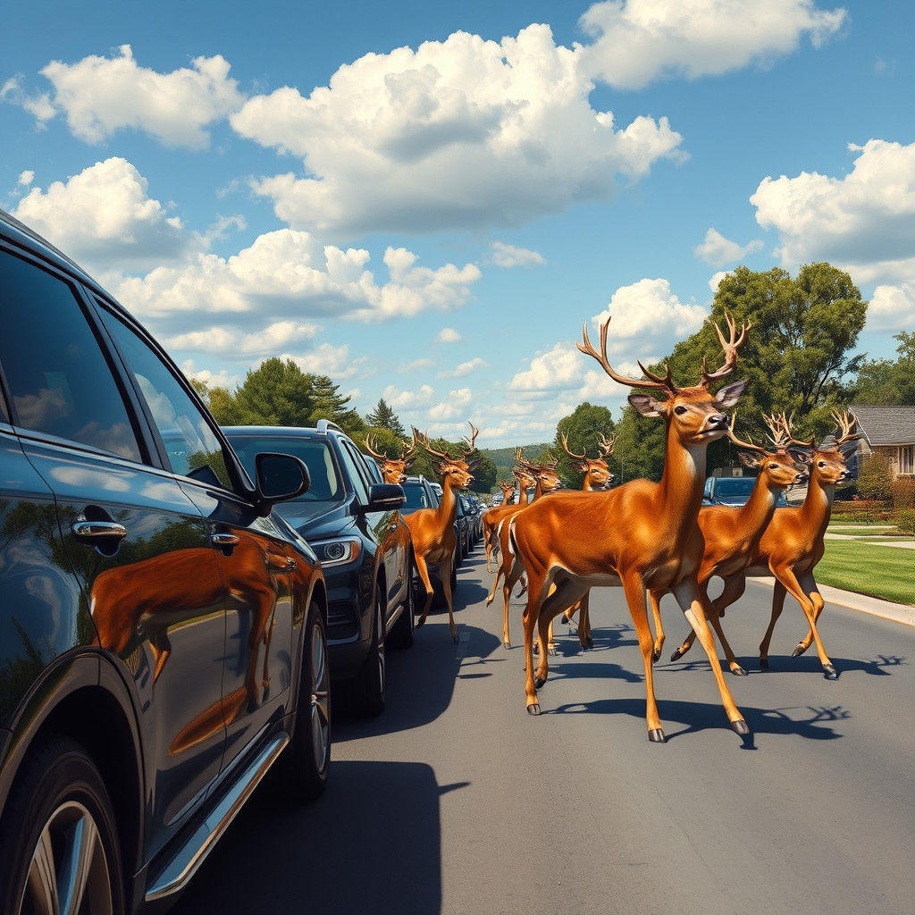 Deer Crossing Suburban Road in Hyperrealistic Style