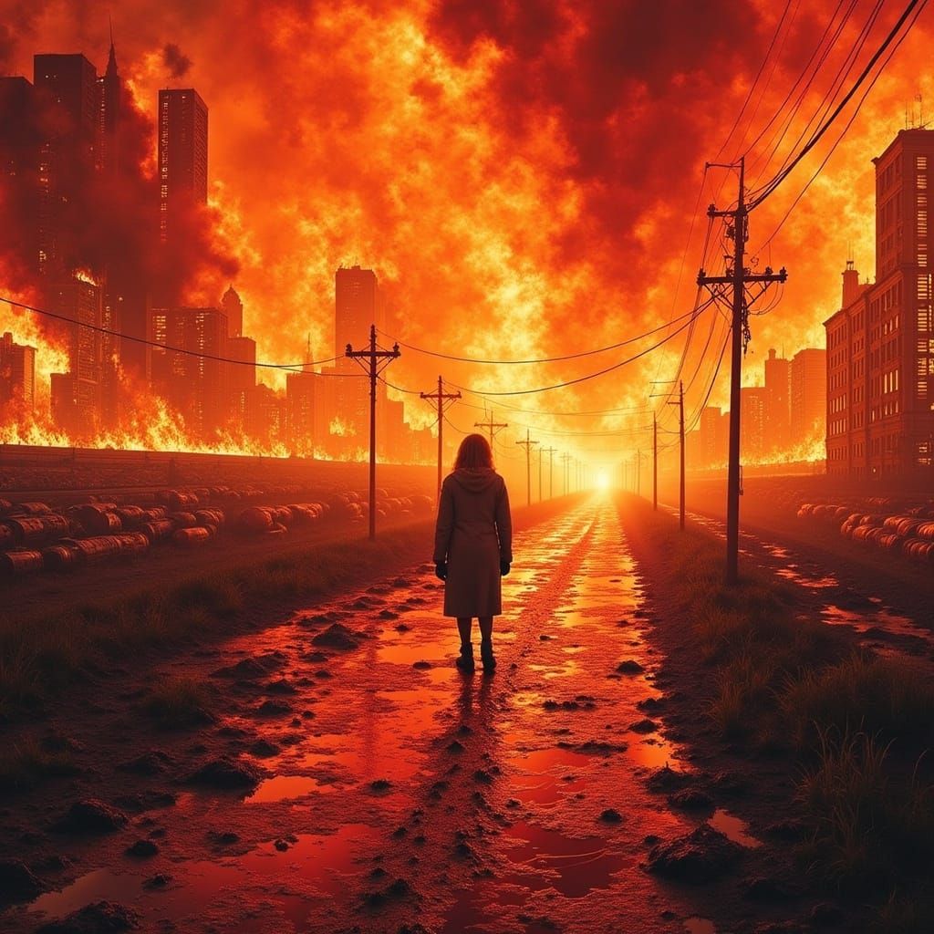 Burning Cityscape: Apocalyptic Inferno in Vibrant Style