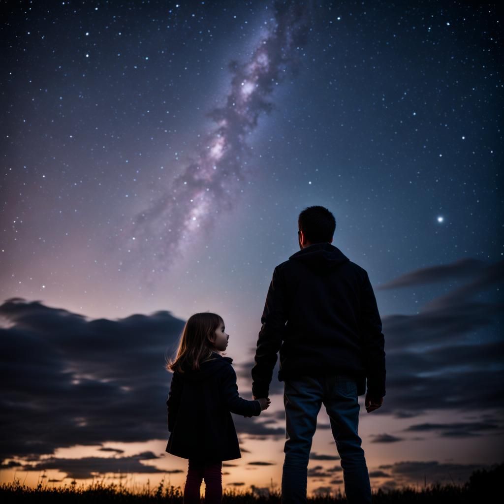 Girl and Father Watch Starry Night Sky