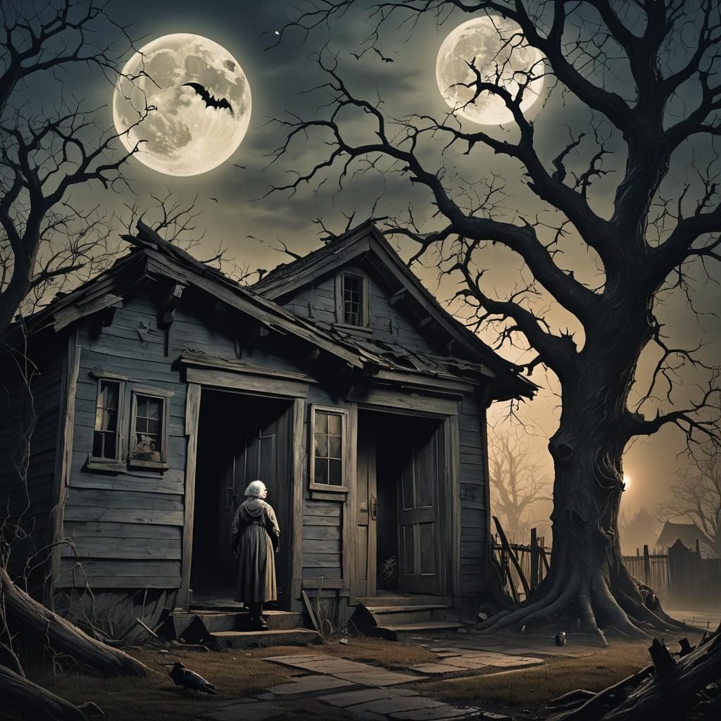Eerie Dark Fantasy: Old Woman at Haunted House
