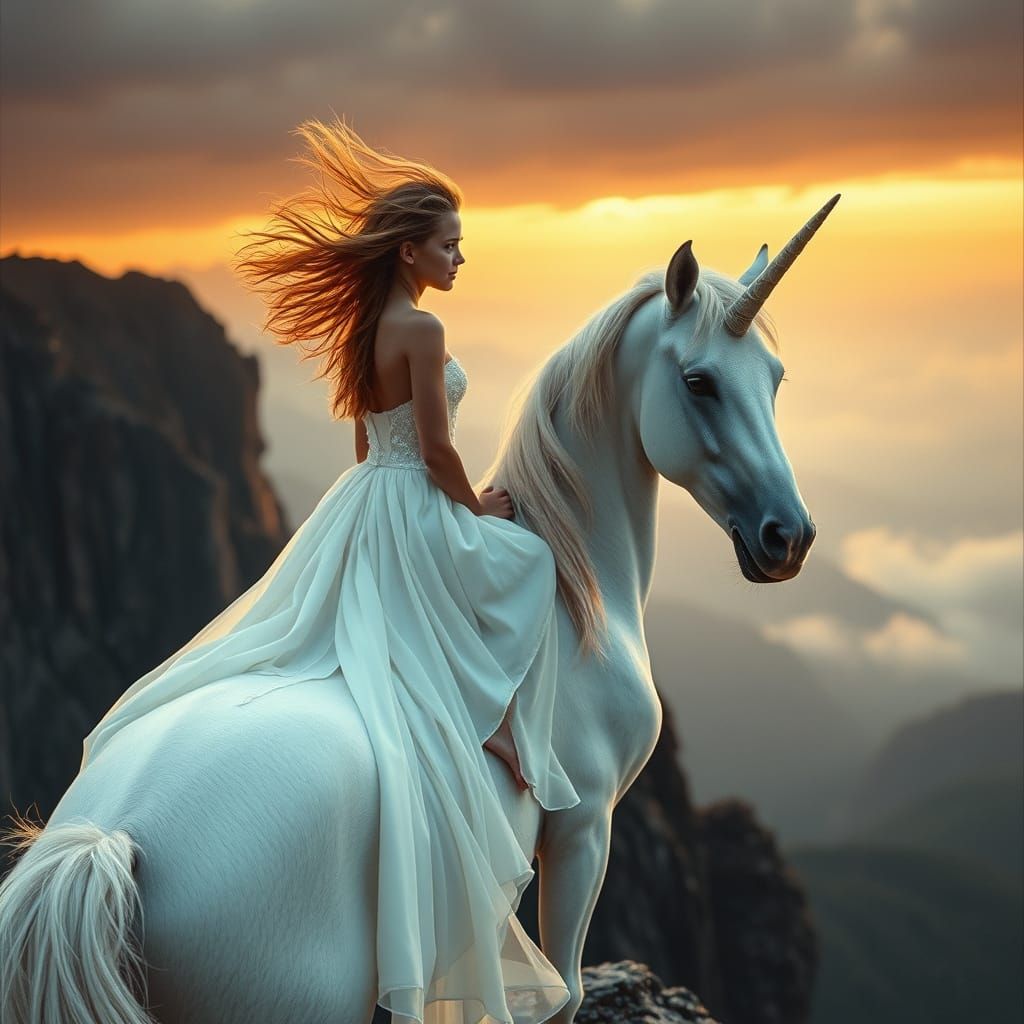 Serenely Seated Unicorn Maiden in Ethereal Sunset