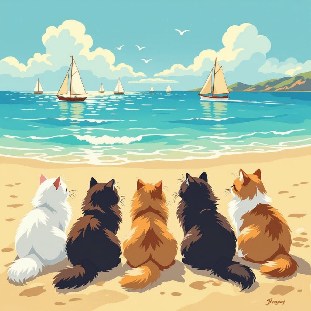 Fluffy Cats Enjoying Beach Day in Whimsical Style