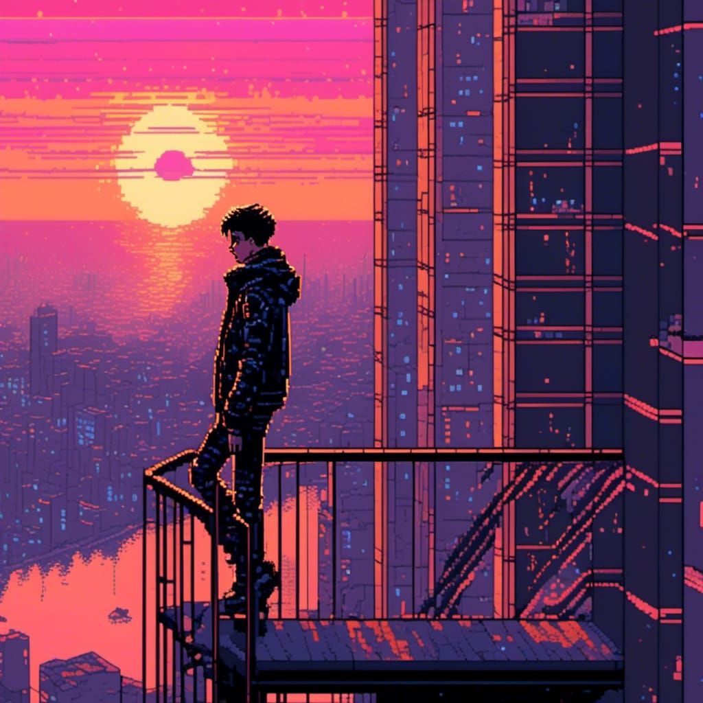 Cyberpunk Man Watches Sunset in Pixel Art