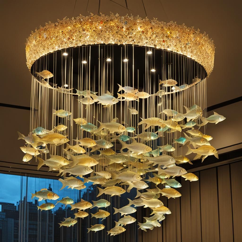 Glowing Crystal Fish Chandelier Art