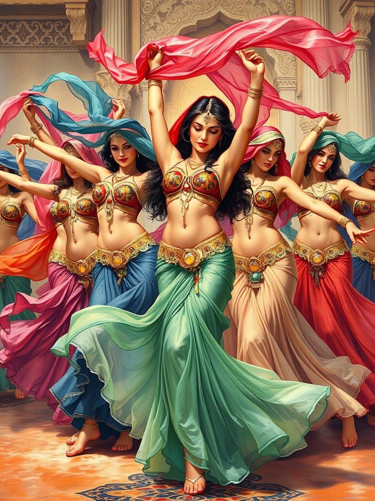 Belly Dancers in Sheer Scarves, Pin-Up Art