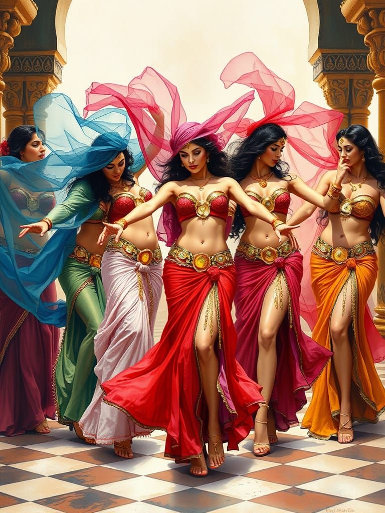 Belly Dancers in a Harem, Vintage Pin-Up Style