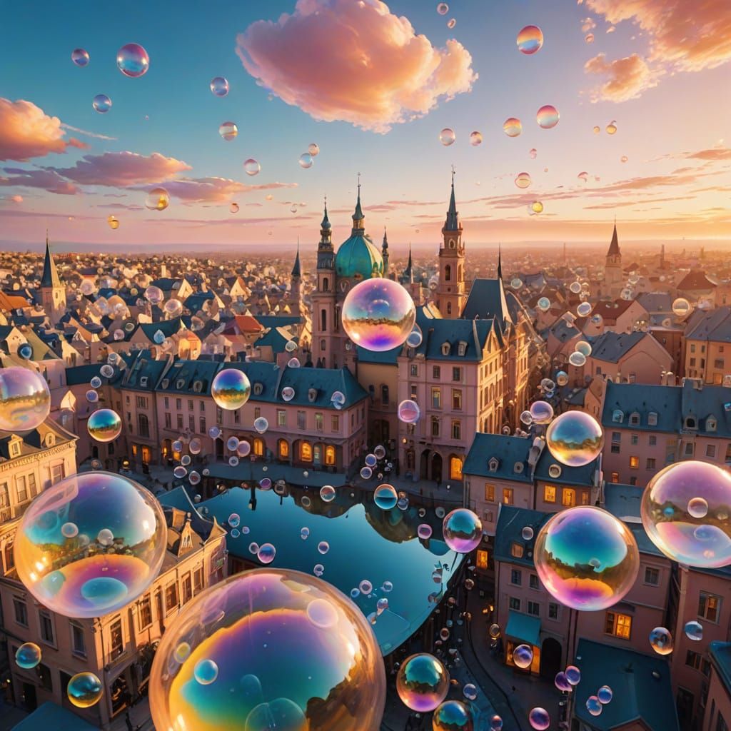 Surreal Bubble Cityscape in Oil Painting Style