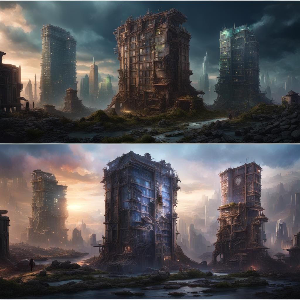 Abandoned Skyscraper Next to New: Matte Painting