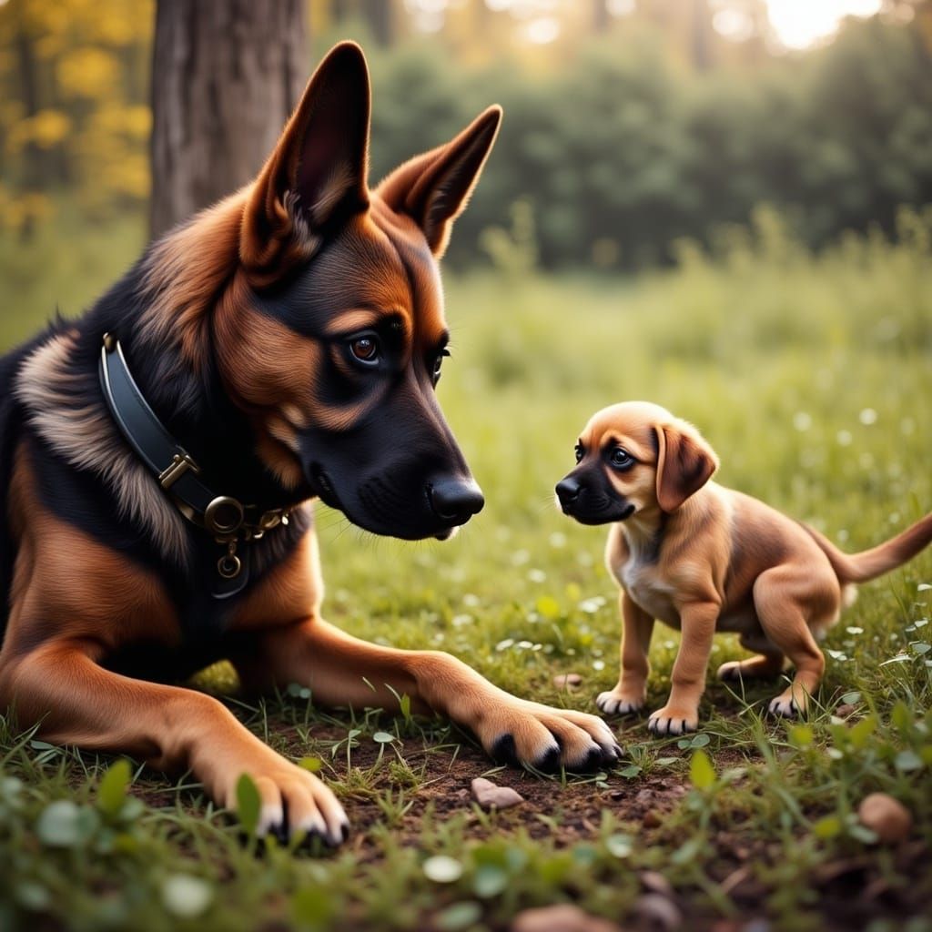 German Shepherd and Chihuahua Play in a Cozy English Garden