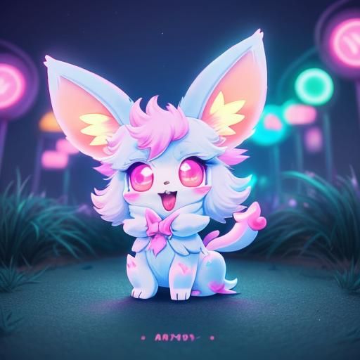 Chibi Sylveon with Neon Synthwave Aesthetic
