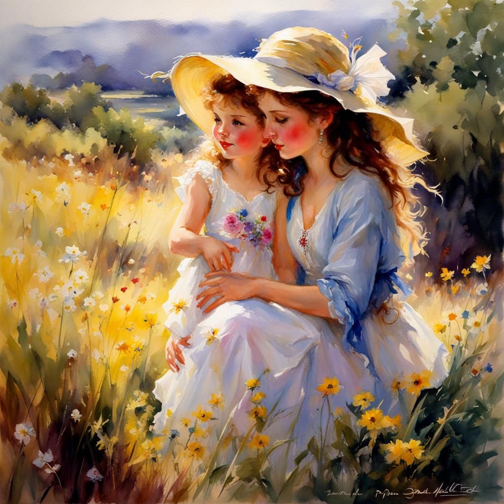 Watercolor Mother and Daughter Flower Picking