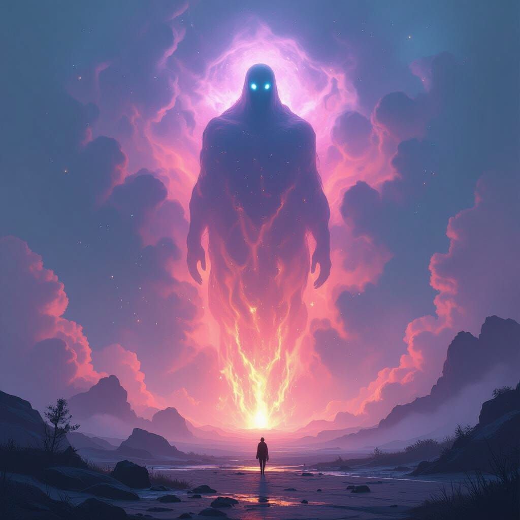 Glowing Entity in Ethereal Mist: A Surreal Vision