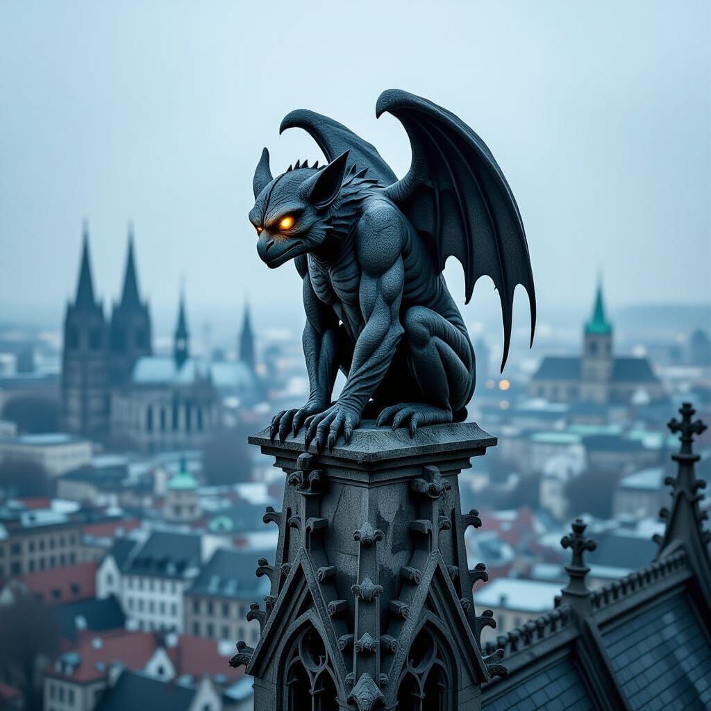 Ancient Gargoyle Watches Over Medieval City