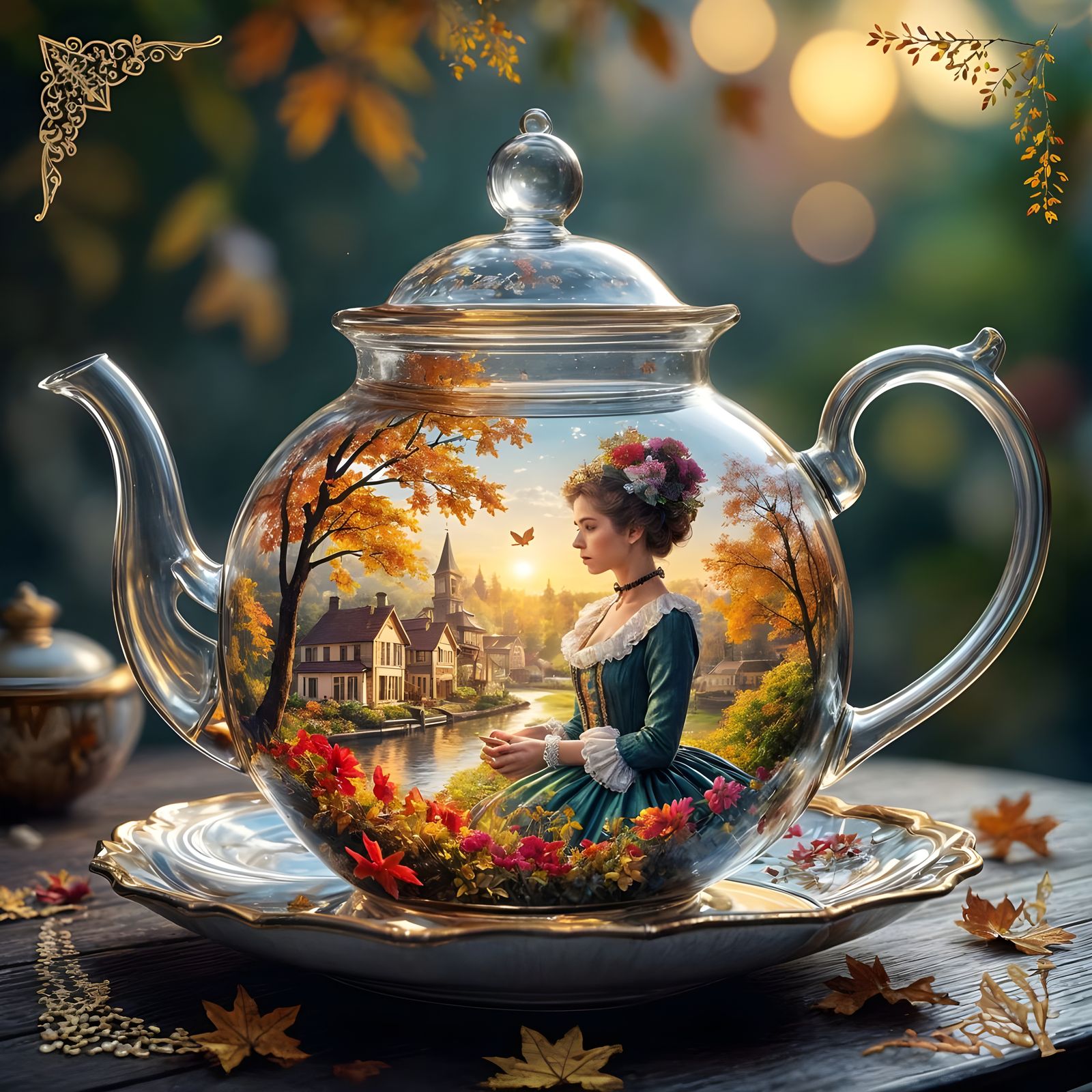 Glass Teapot with Fashionista and Autumn Village Scene