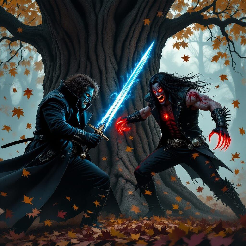 Dramatic Fantasy Battle Under Eerie Moonlight