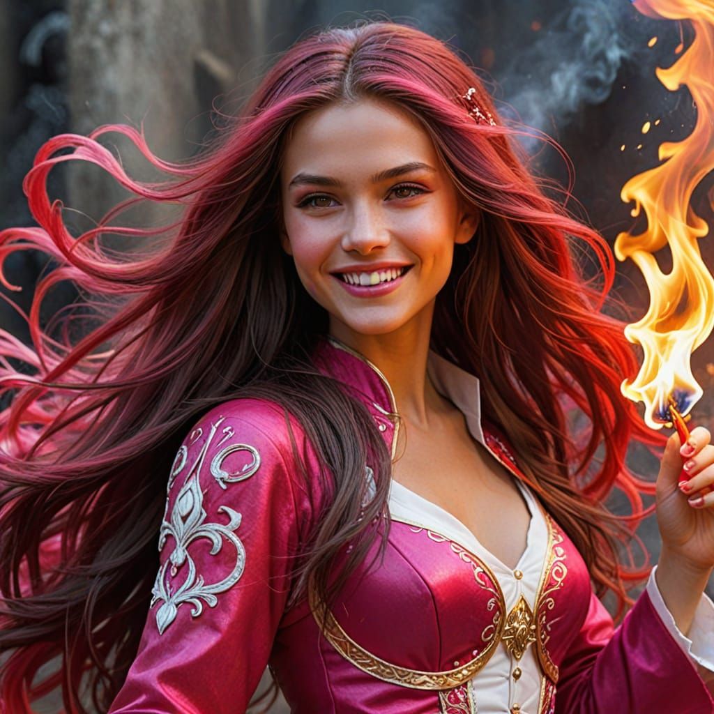 Enchanting Fire Siren with Long Hair in Vibrant Colors