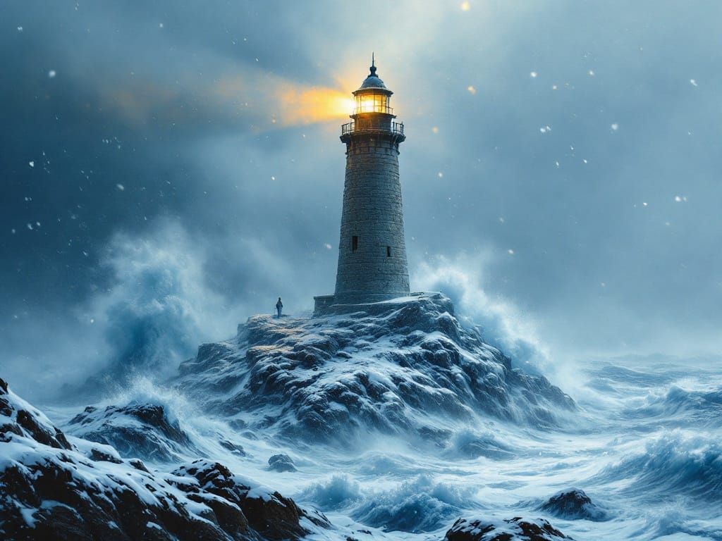 Lighthouse Shines Through Blizzard in Matte Painting Style