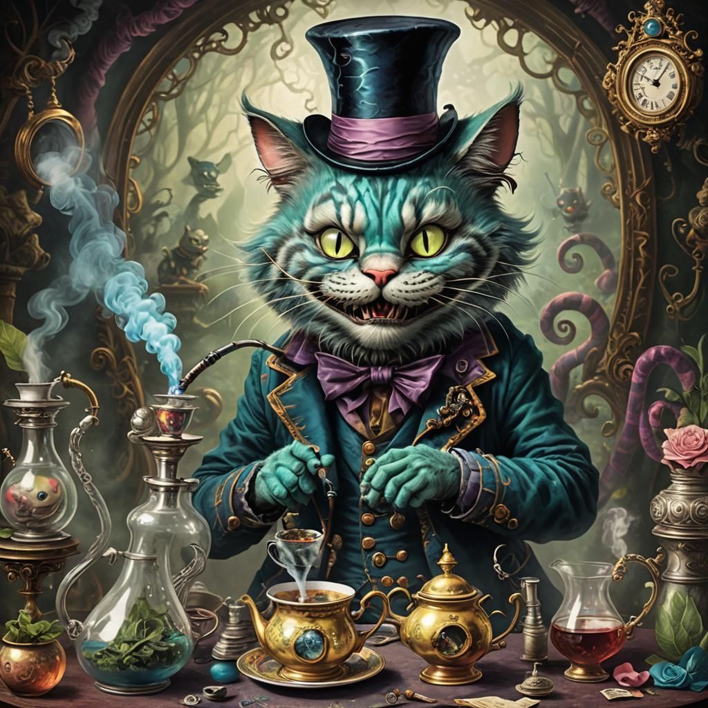 Surreal Cheshire Cat Caterpillar at Mad Hatter Tea Party