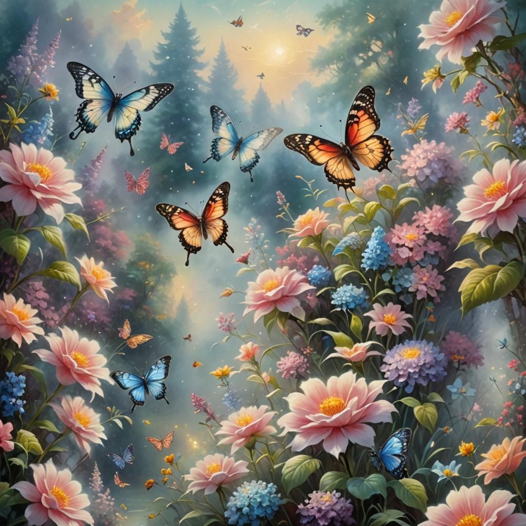 Ethereal Soft Pastel Butterfly and Flowers