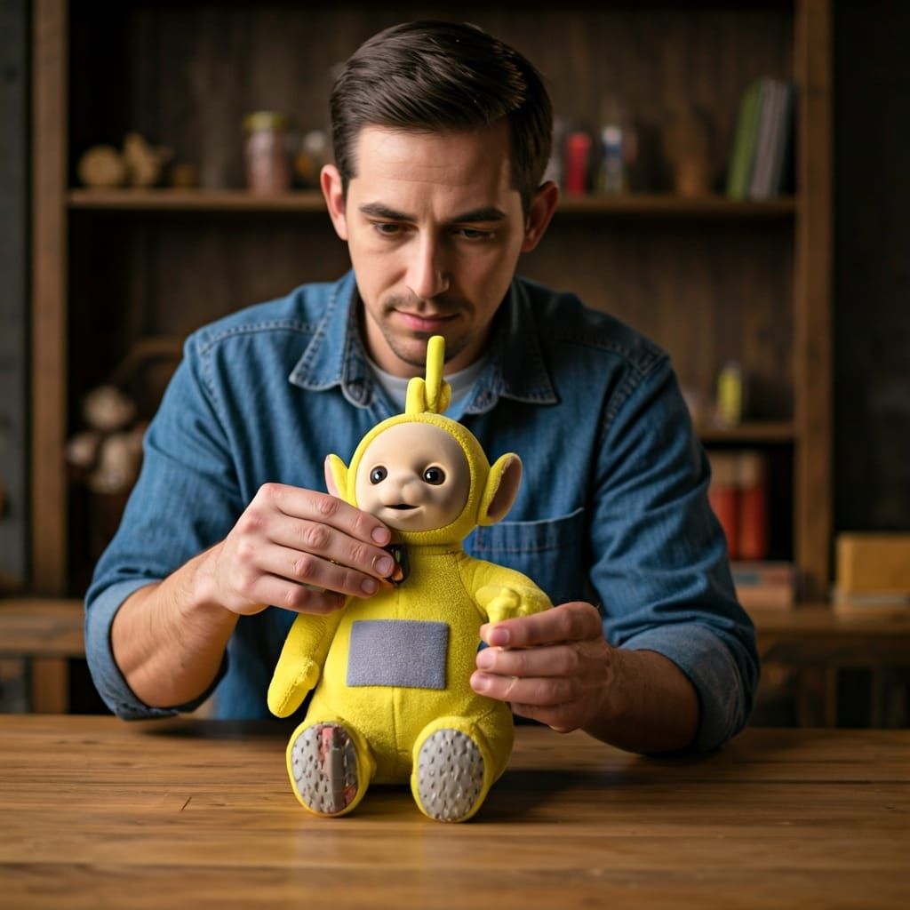 Handyman Extracts Battery From Wriggling Teletubby