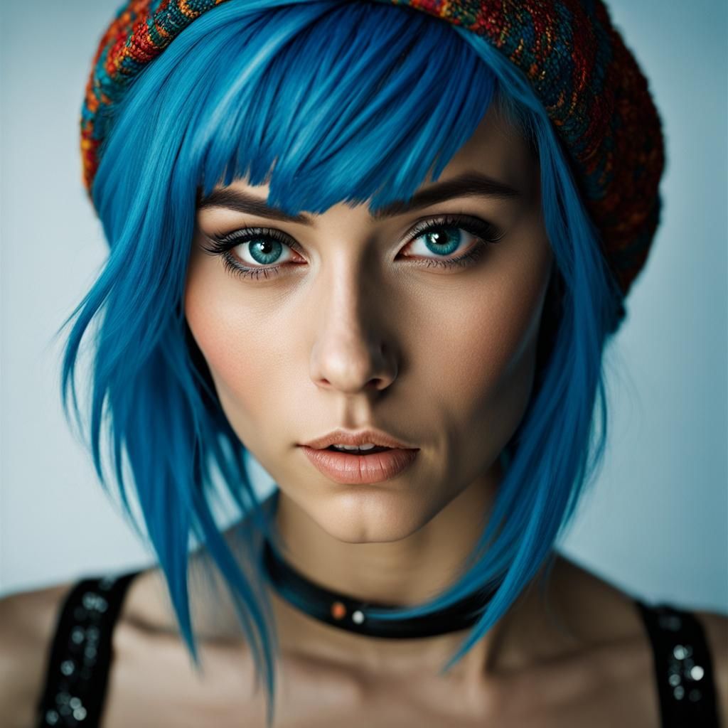Blue-Haired Emo Girl Portrait in Studio Lighting
