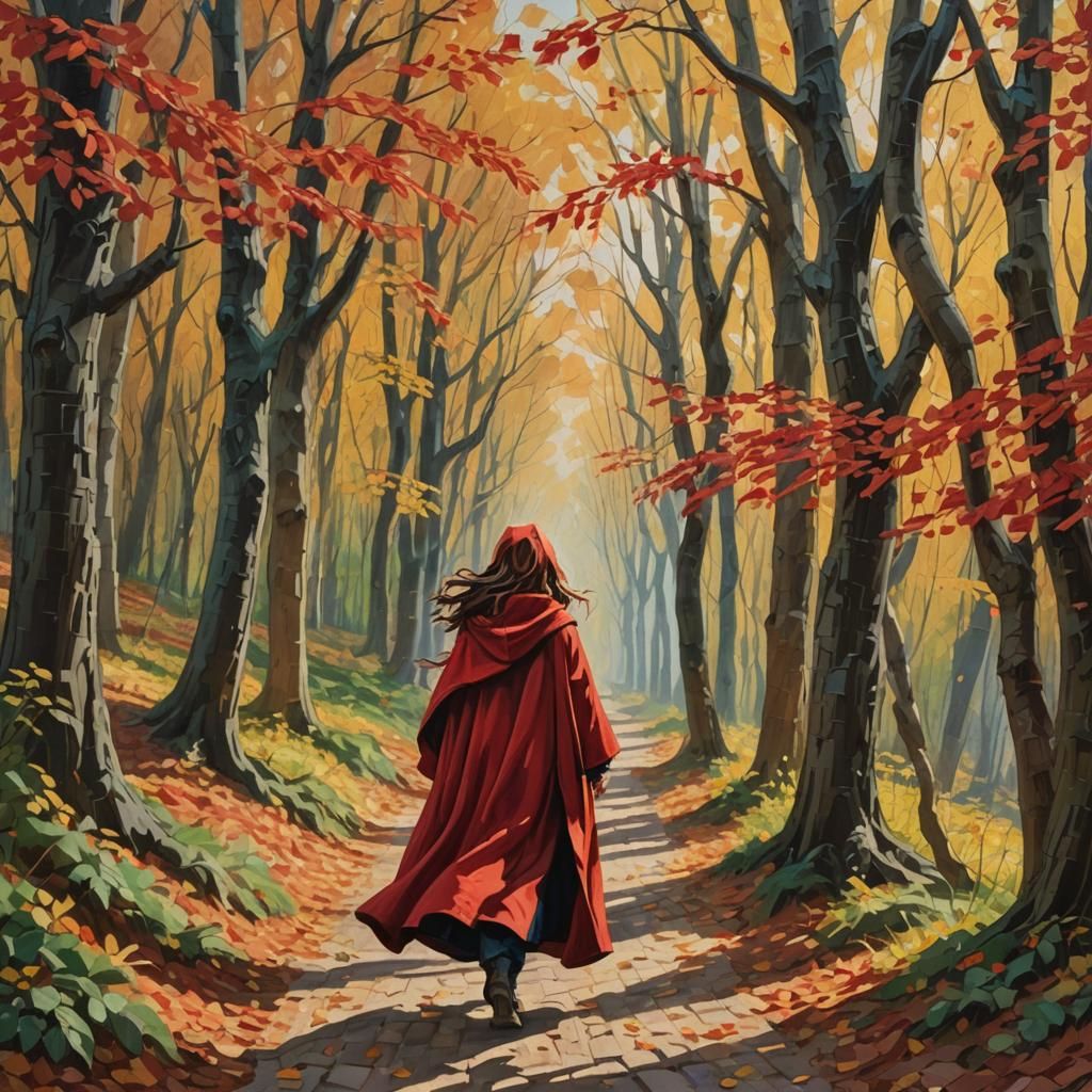 Woman in Red Cloak, Impasto Autumn Forest