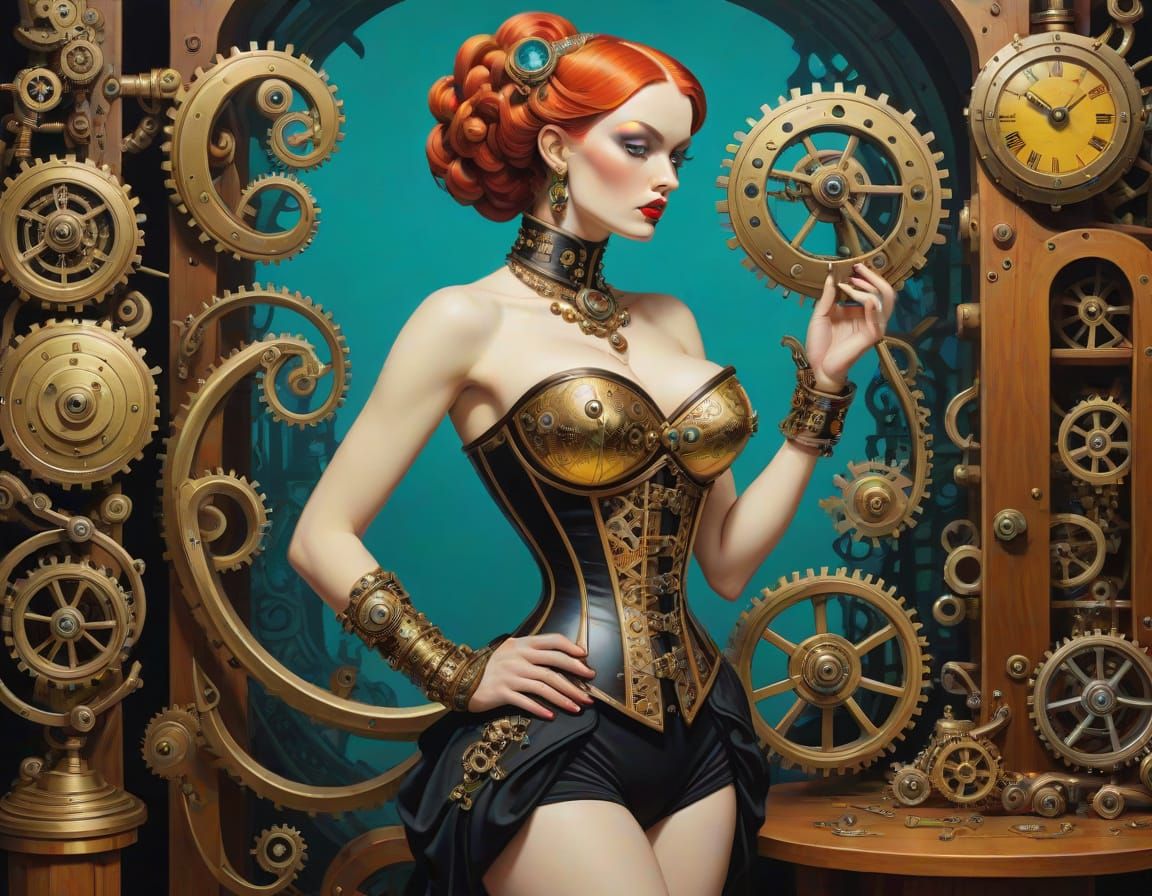 Vibrant Steampunk Siren Observes Brass Serpent