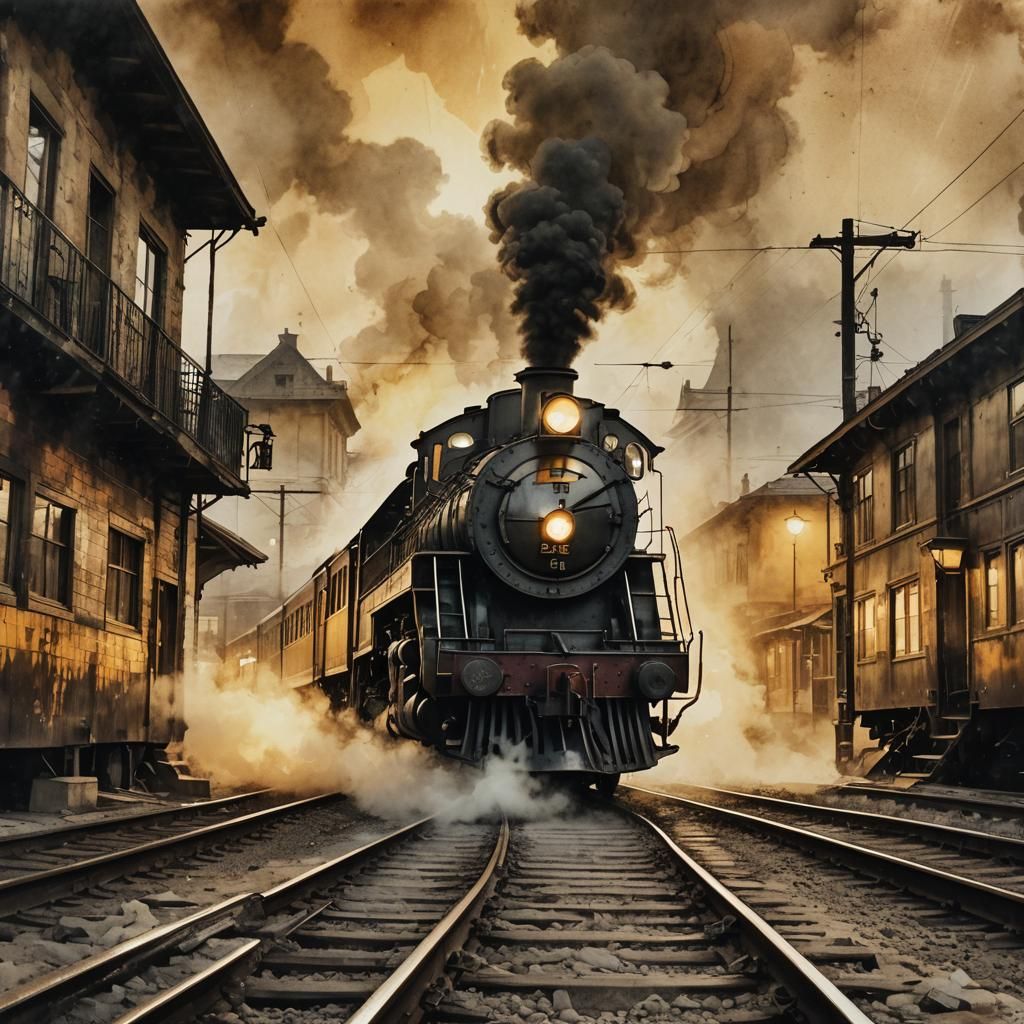 Vintage Train Speeds Along Tracks in Ink Painting Style