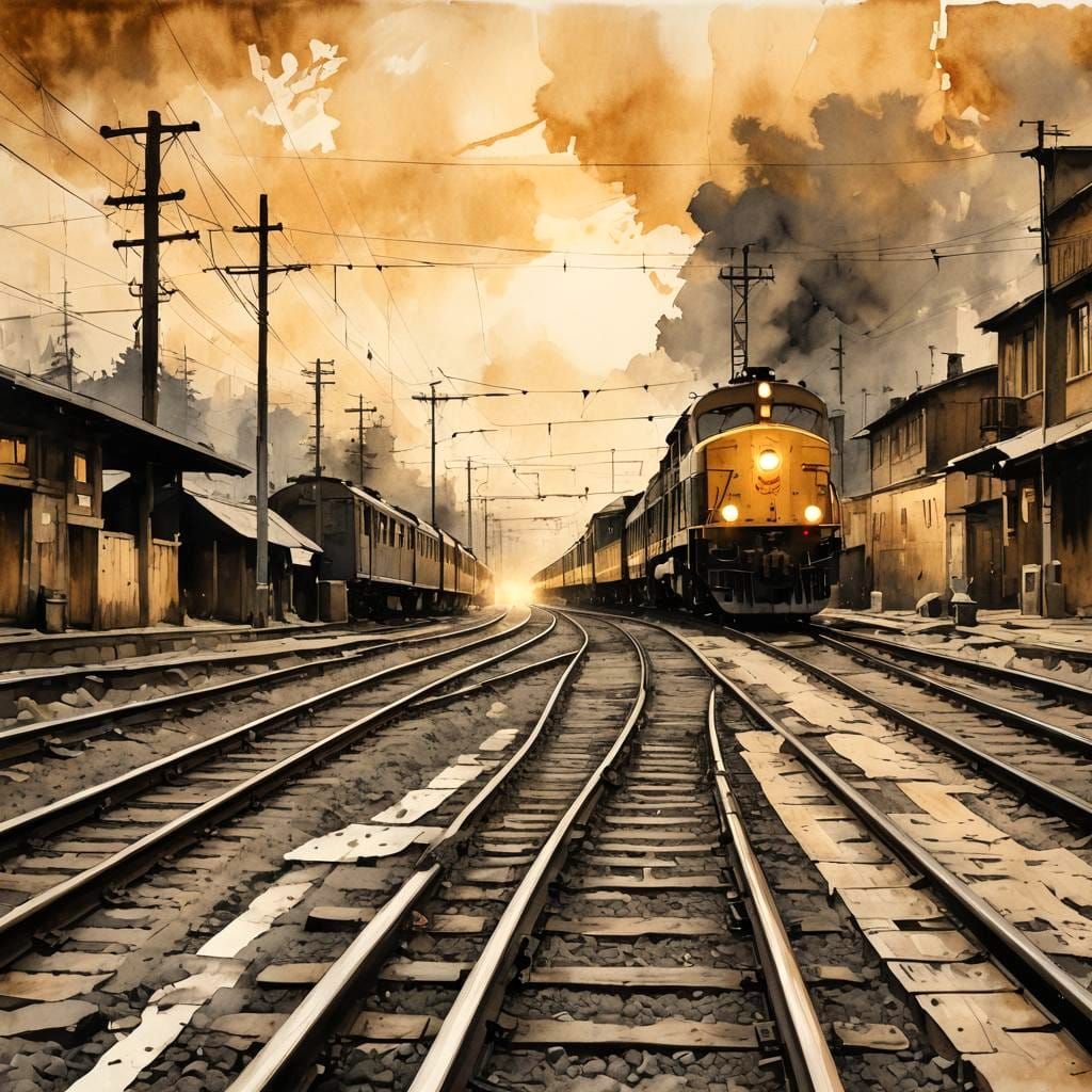 Railroad in Modern European Ink Painting Style