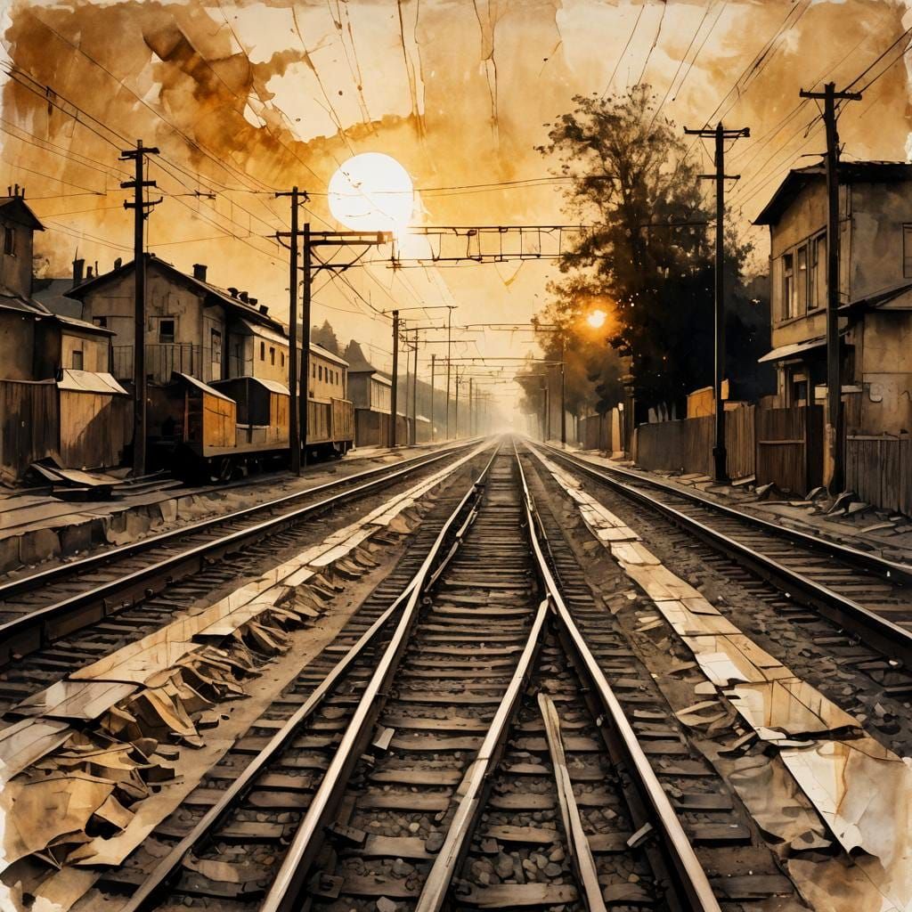 Railroad in Modern European Ink Painting Style